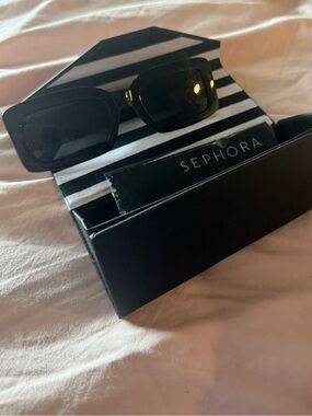 Sephora X DIFF Rouge Exclusive Black Rectangular Sunglasses with Striped Case